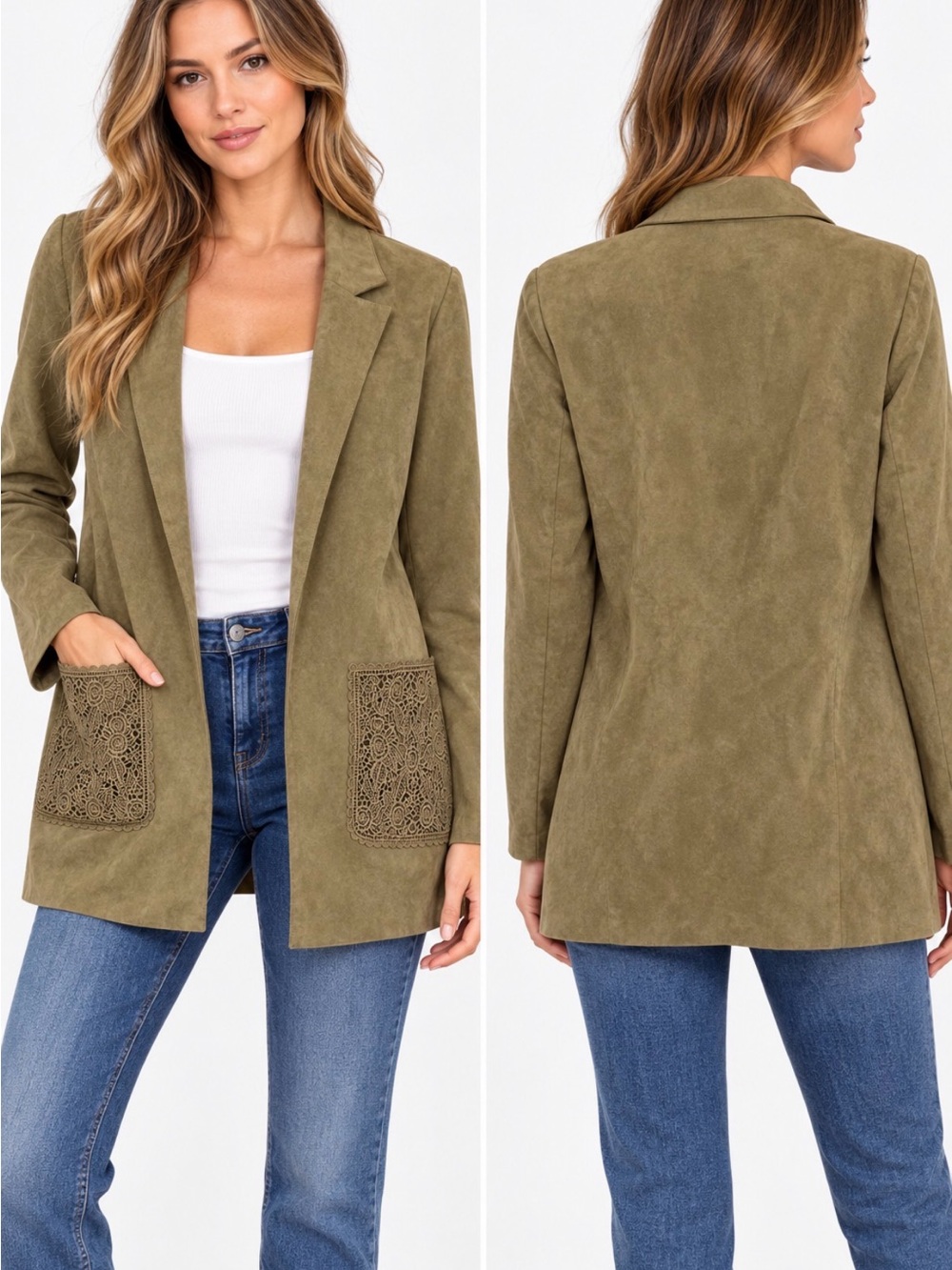 Solitaire NWT Olive Faux Suede Long Blazer Jacket Lace Pockets L